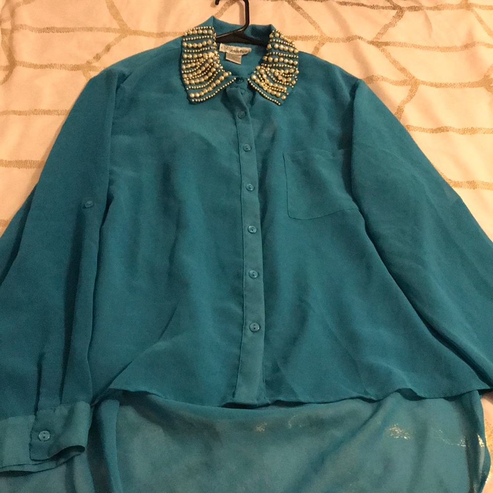 Vintage blue button down blouse/bedazzled collar